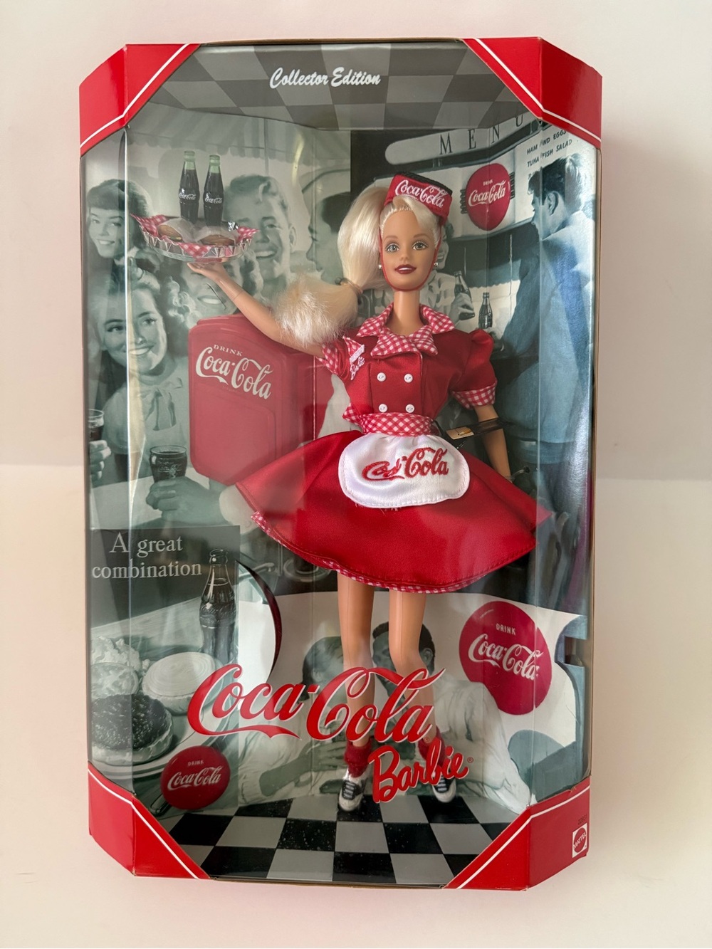 Mattel Barbie Coca-Cola themed doll in red & white diner uniform
